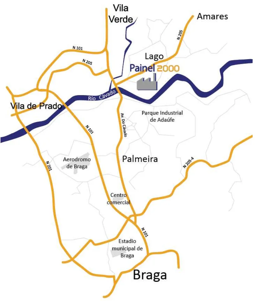 Mapa de localização da Painel 2000 em Lago, Amares, entre Vila Verde e Braga